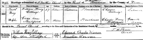 The marriage certificate of Eliza Ann Stentiford and William Collings